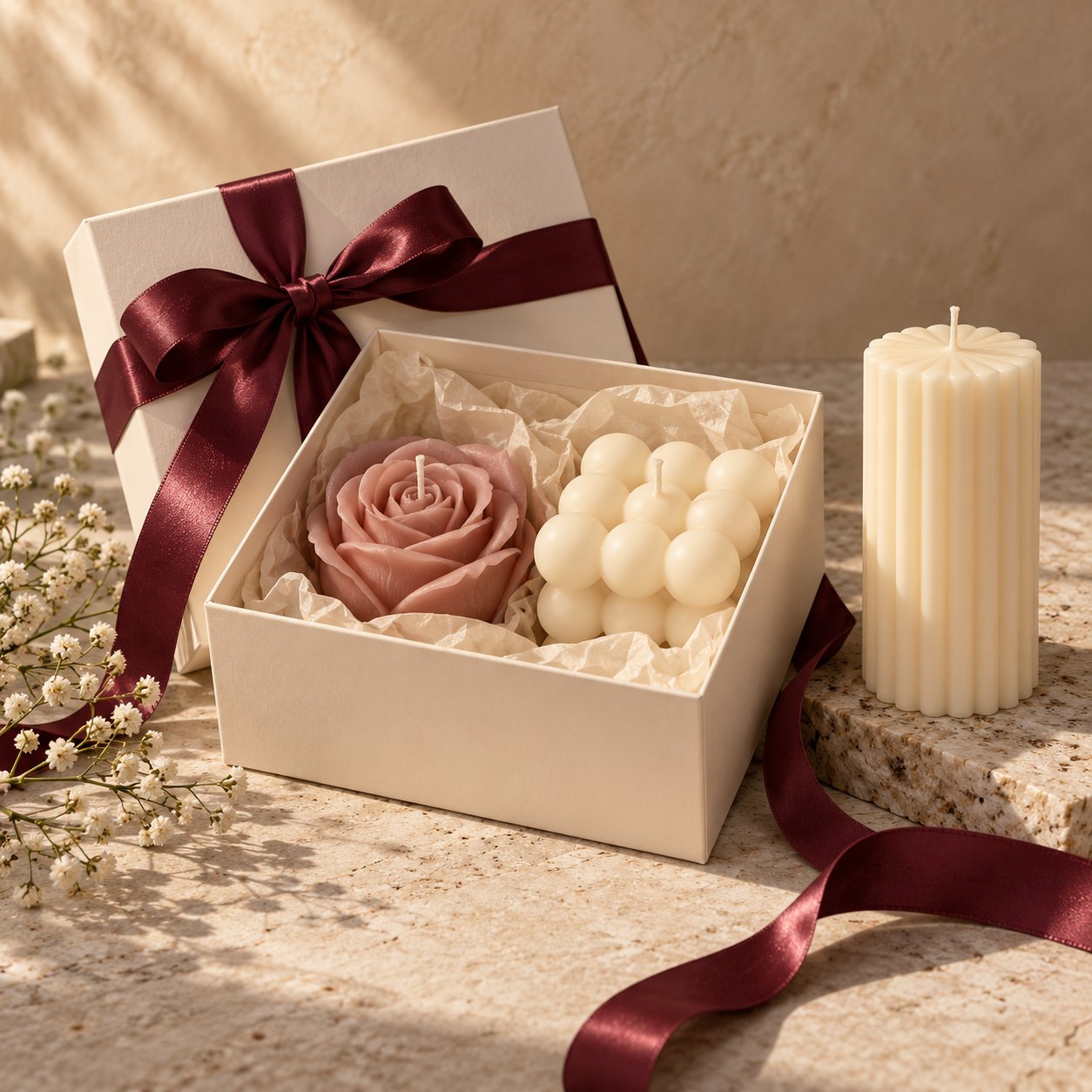Candle gift set inspiration with ivory box, rose and bubble candles and wine-coloured ribbon