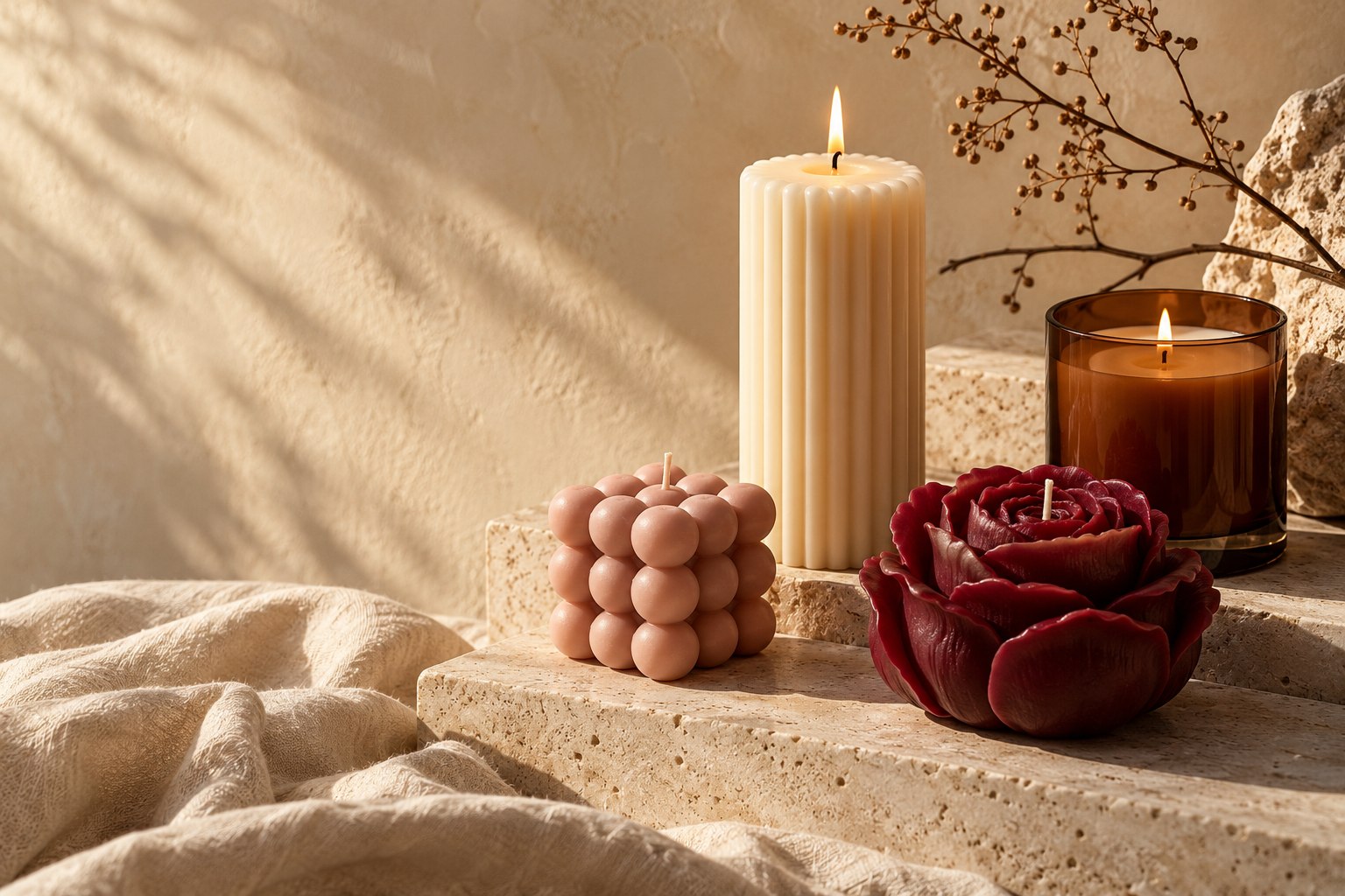 Candle design inspiration: an ivory fluted pillar, blush bubble, burgundy rose and amber glass candle on limestone