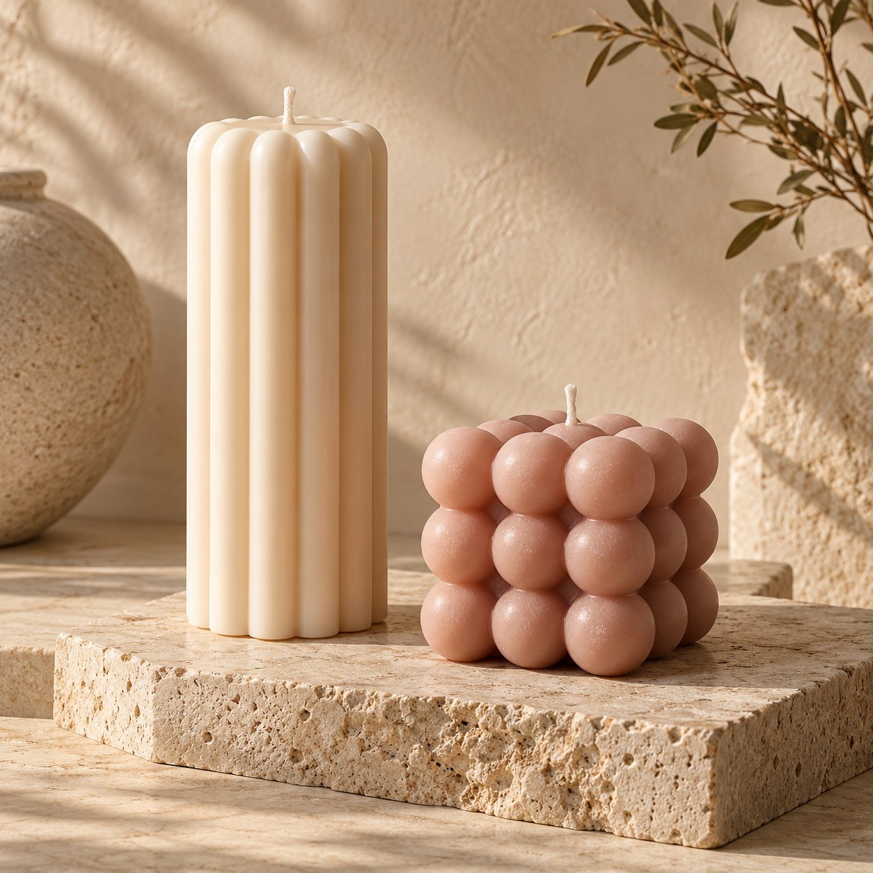 Ivory fluted pillar and blush bubble cube candle design inspiration