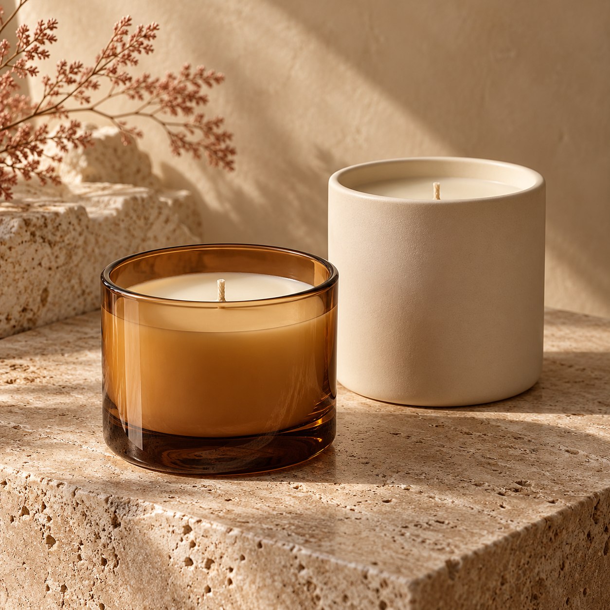 Amber glass and ivory ceramic vessel candle design inspiration